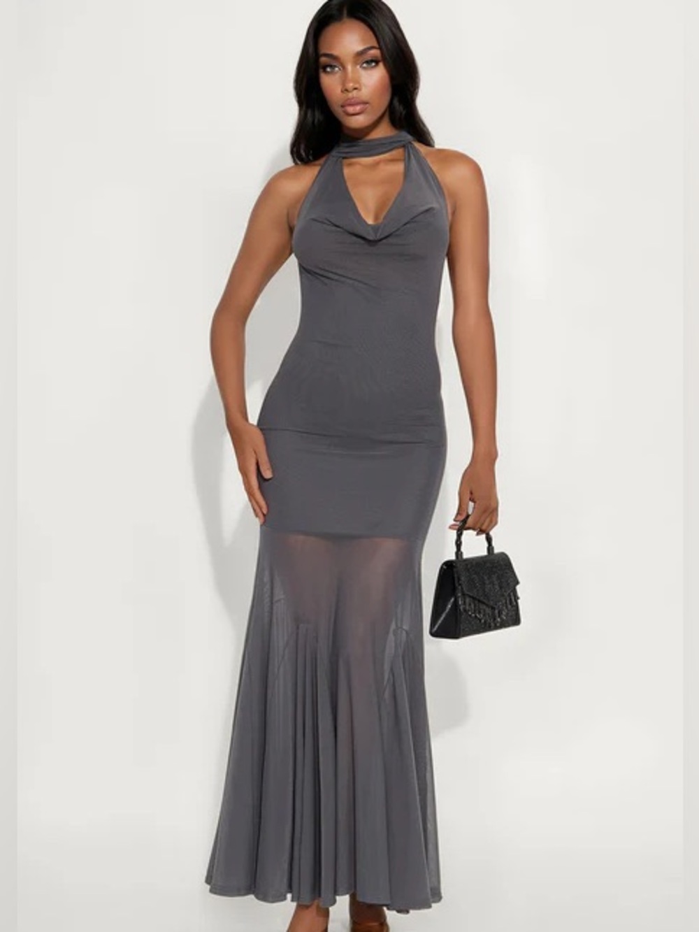 Fashion Nova Charcoal Gray Halter Maxi Dress